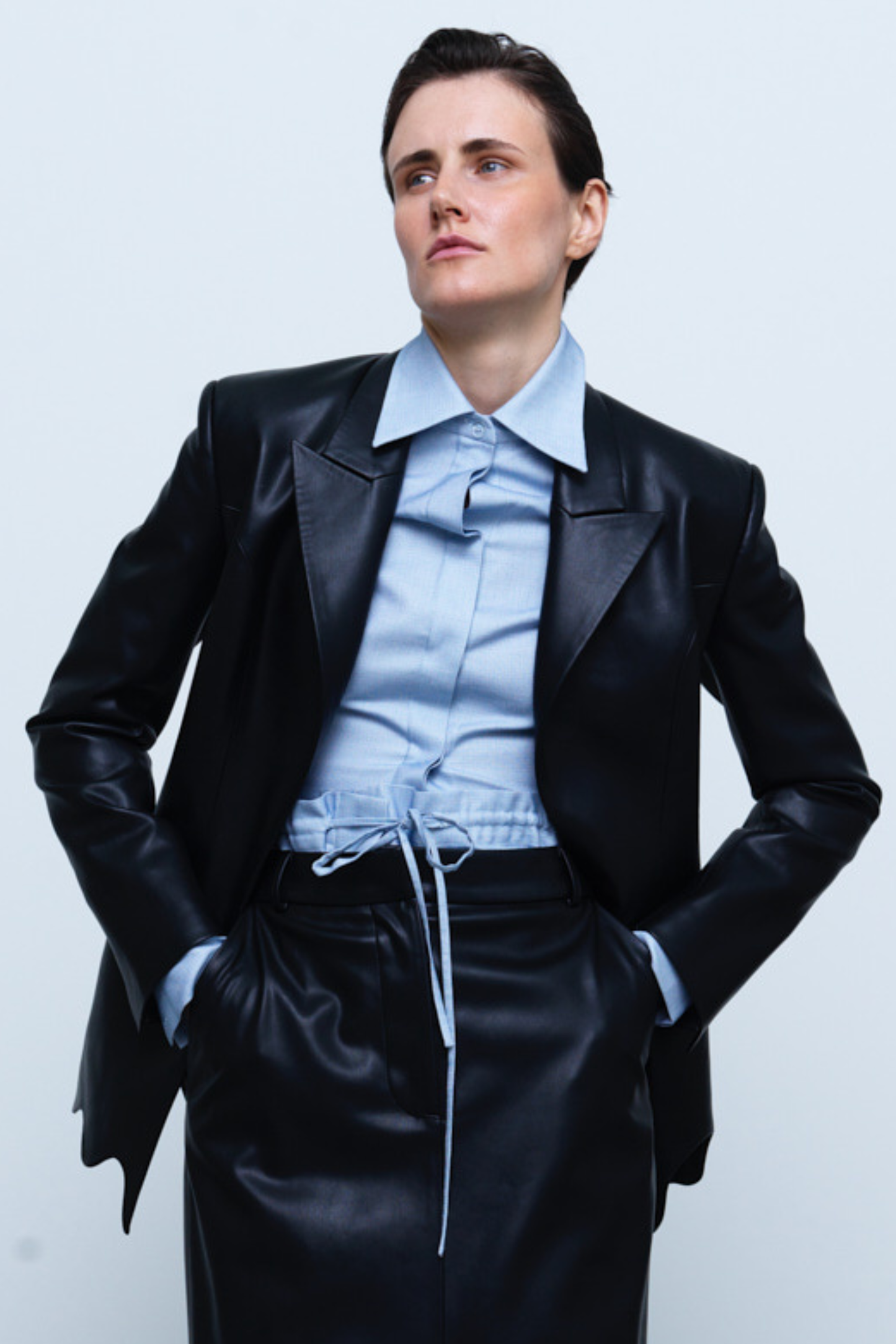 JACKET #01 — Wave-Hem Faux Leather Blazer GUDU