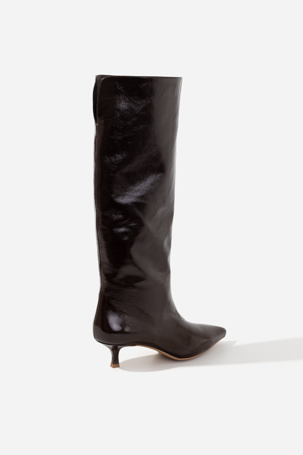 KACHOROVSKA CONNIE dark brown leather boots, side view showing wide soft shaft and low 4 cm heel