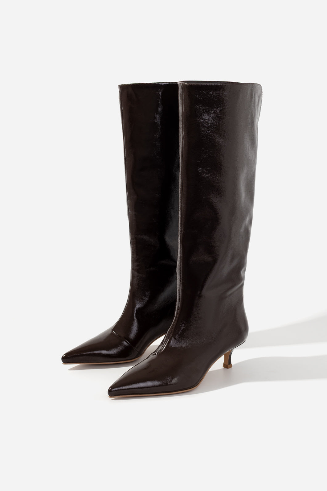 KACHOROVSKA CONNIE dark brown leather boots, pair, front three-quarter view