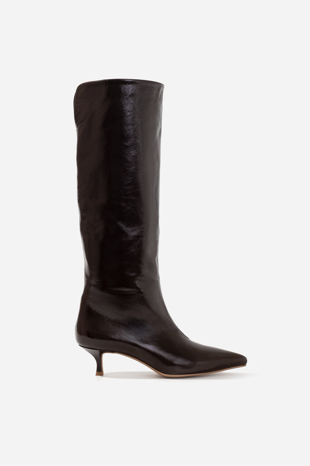 KACHOROVSKA CONNIE dark brown leather boots, clean side profile, pointed toe, low 4 cm heel