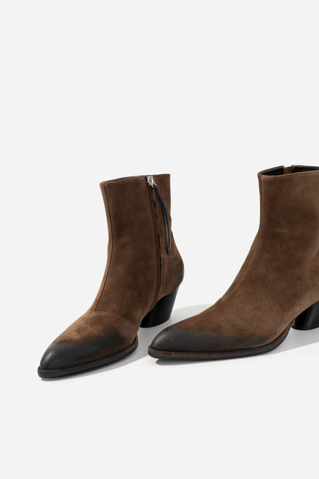 KACHOROVSKA Rosa brown suede ankle boots with pointed toe and gradient finish, shown as a pair