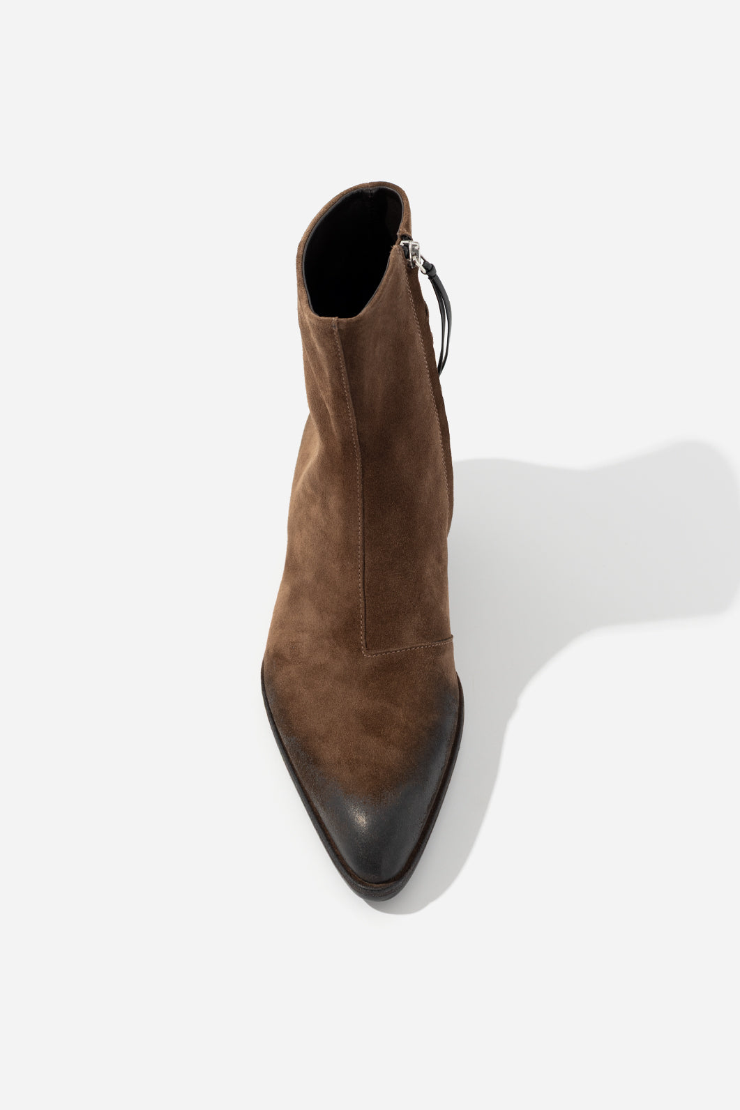 KACHOROVSKA Rosa brown suede ankle boots viewed from above, featuring darkened toe and front seam