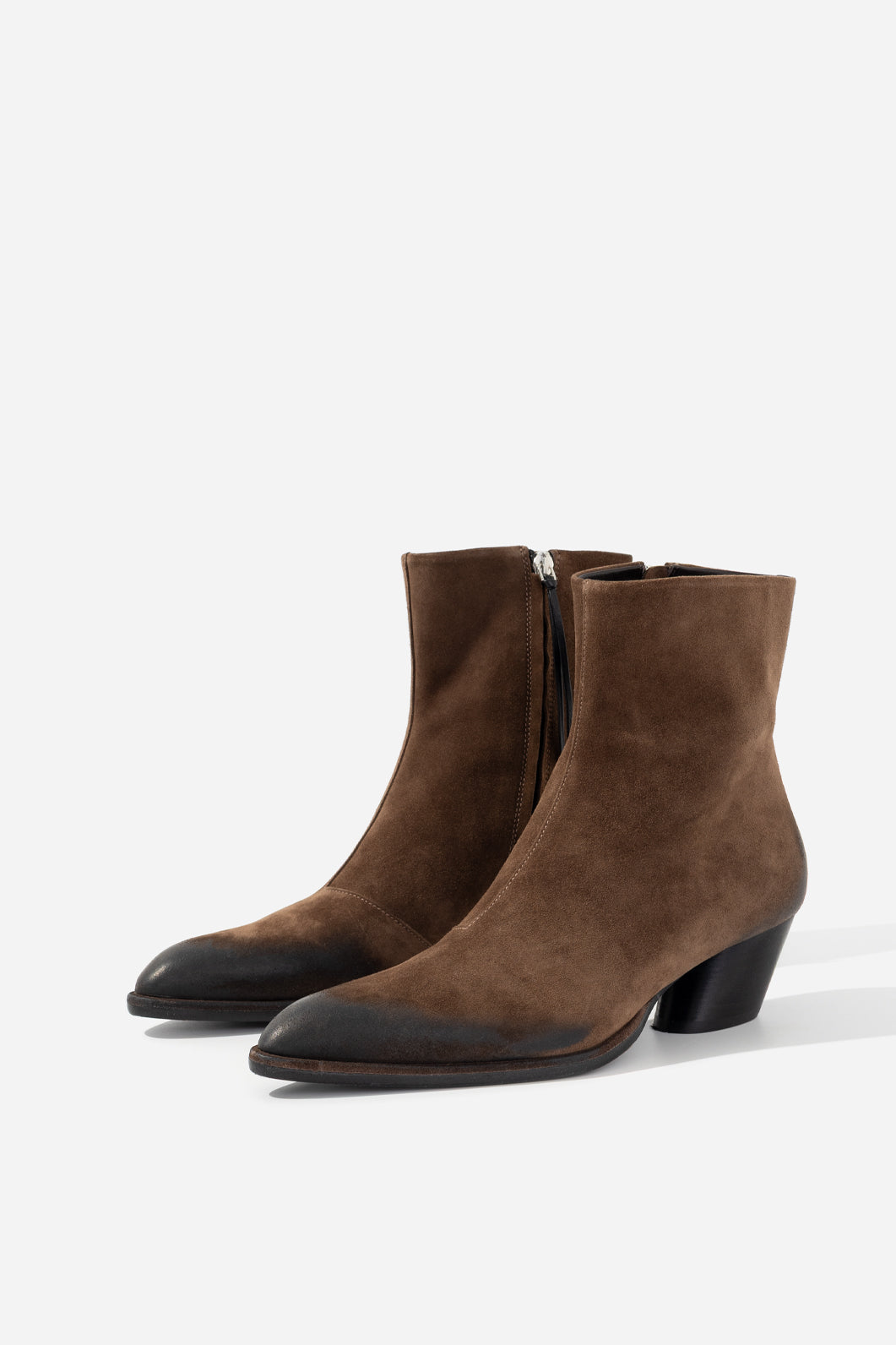 KACHOROVSKA Rosa brown suede ankle boots in side profile with medium-height heel and zipper detail