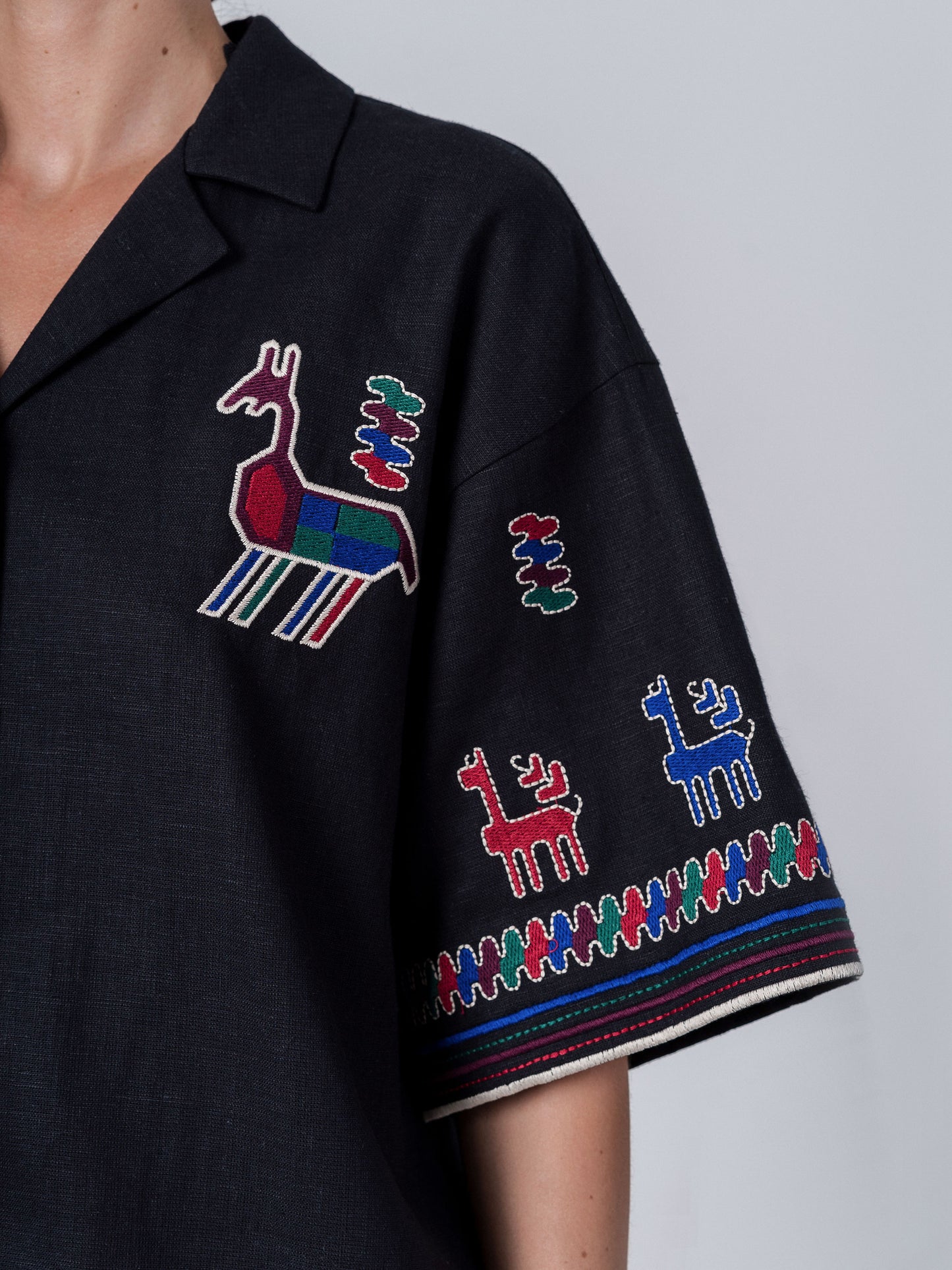 Linen shirt with short sleeves and embroidery Konyk dark ETNODIM