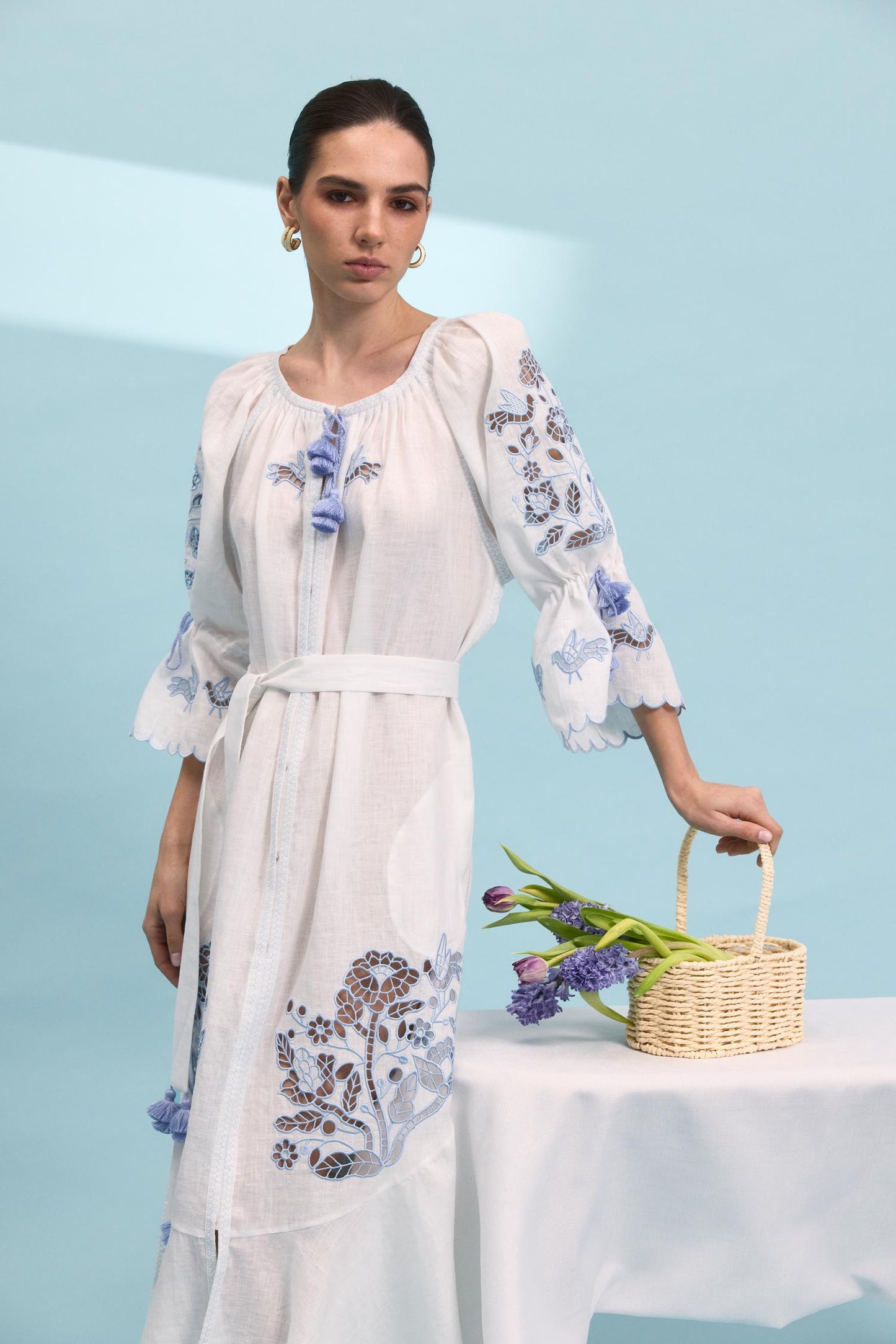 Tree of life white maxi dress with blue embroidery FOBERINI