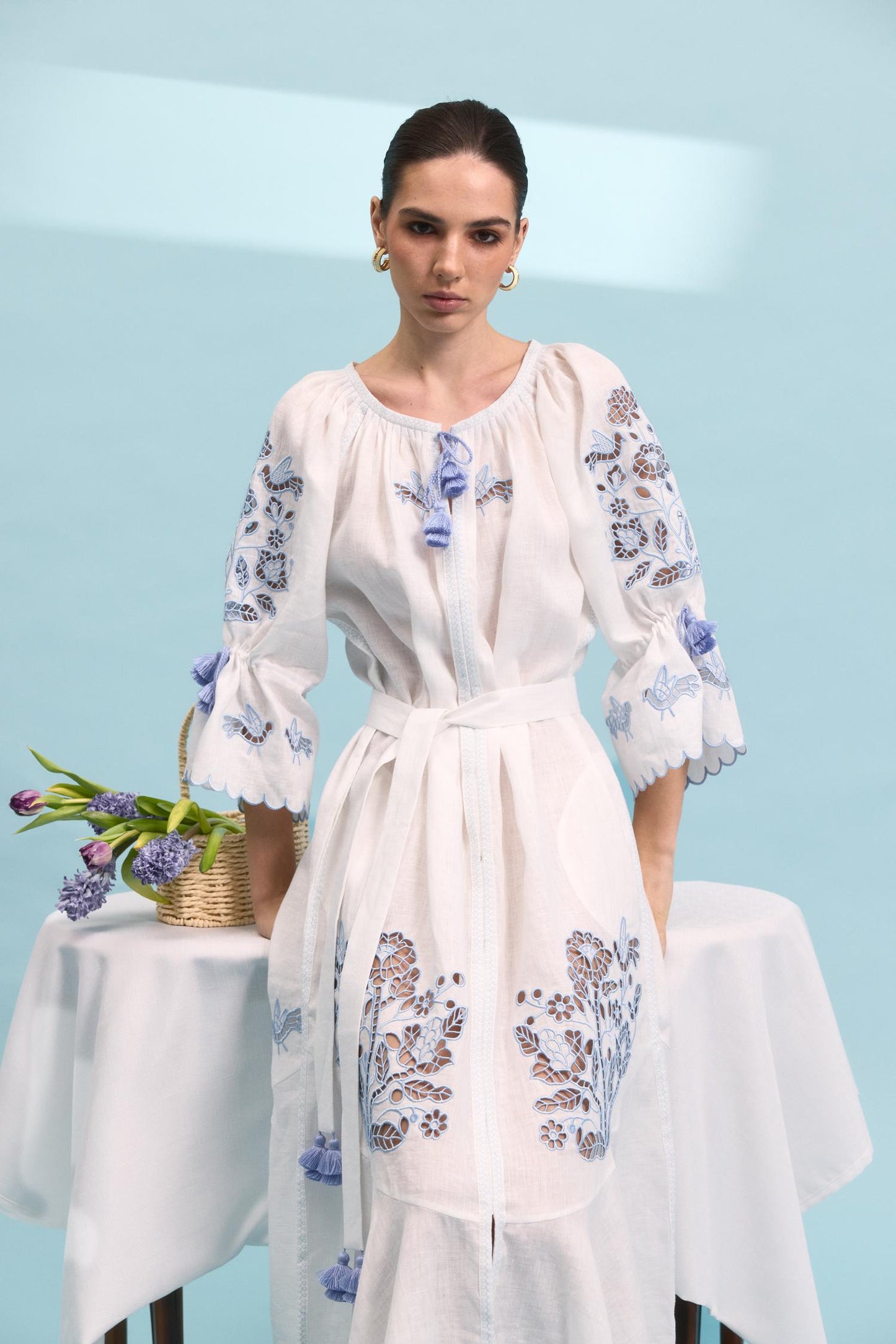 Tree of life white maxi dress with blue embroidery FOBERINI