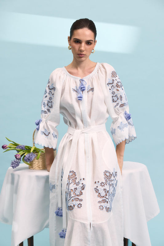 Tree of life white maxi dress with blue embroidery FOBERINI