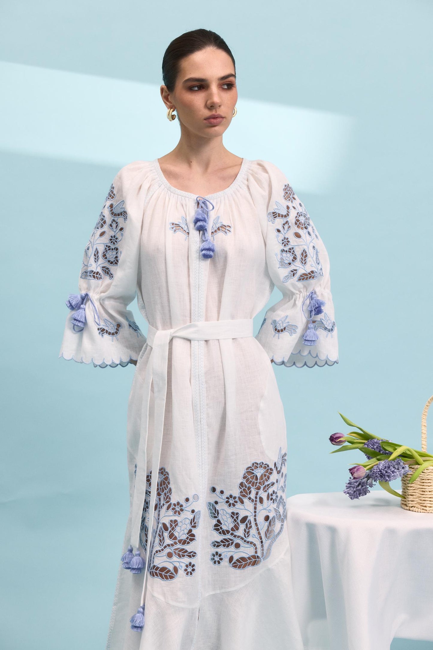 Tree of life white maxi dress with blue embroidery FOBERINI