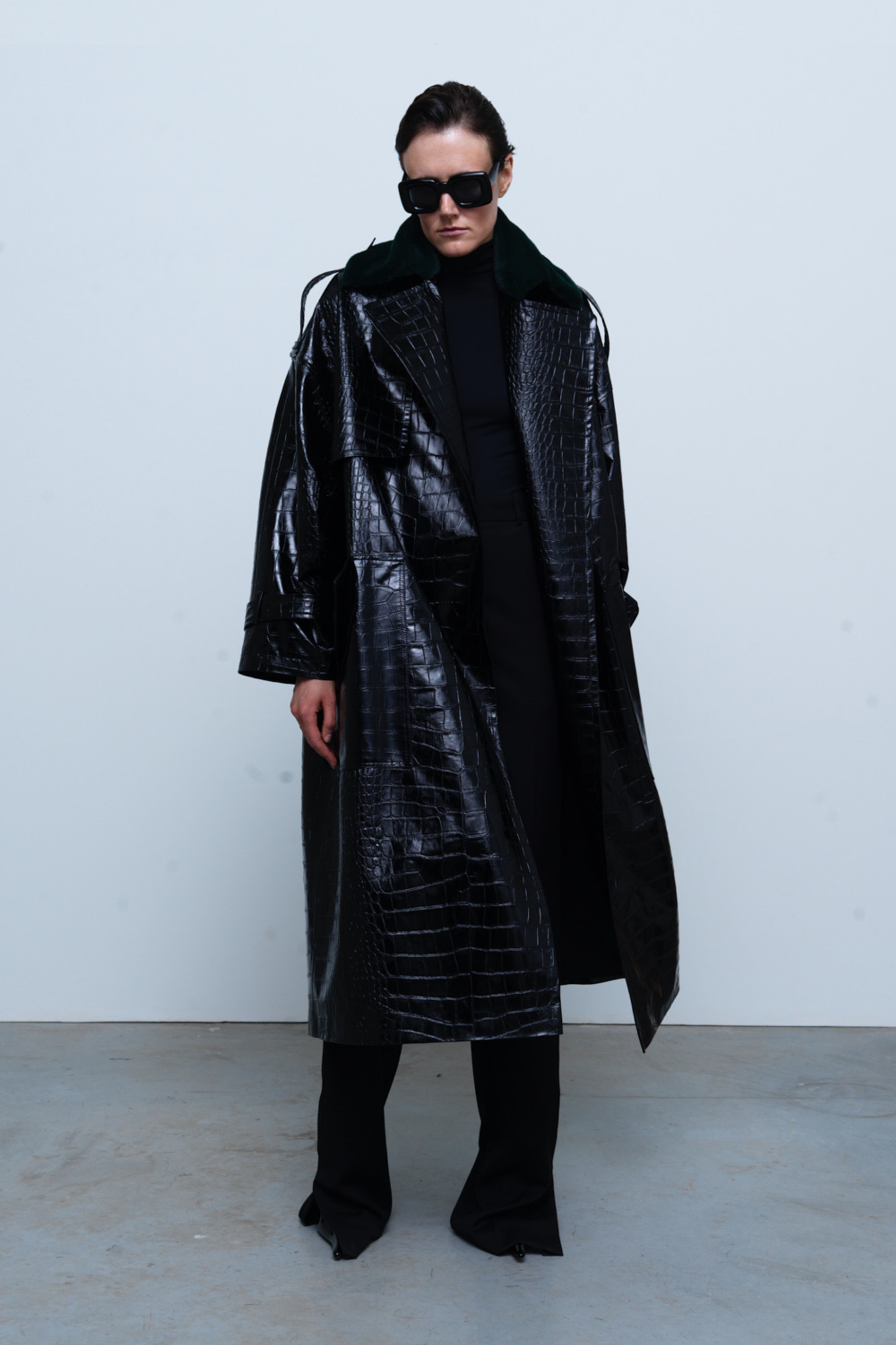 COAT #01 — Croc-Embossed Faux Leather Trench Coat GUDU