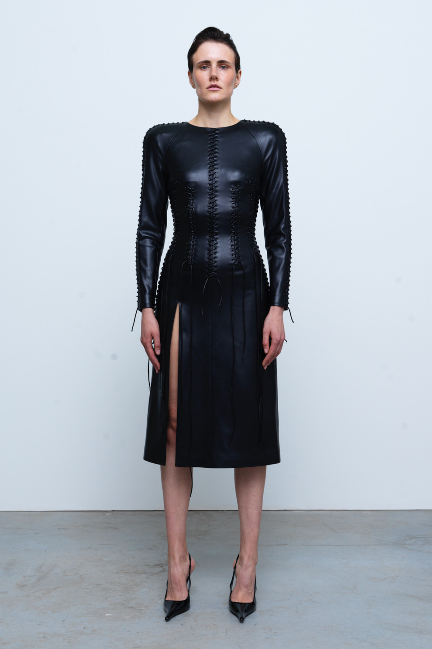 DRESS #03 — Lace-Up Faux-Leather Midi Dress GUDU