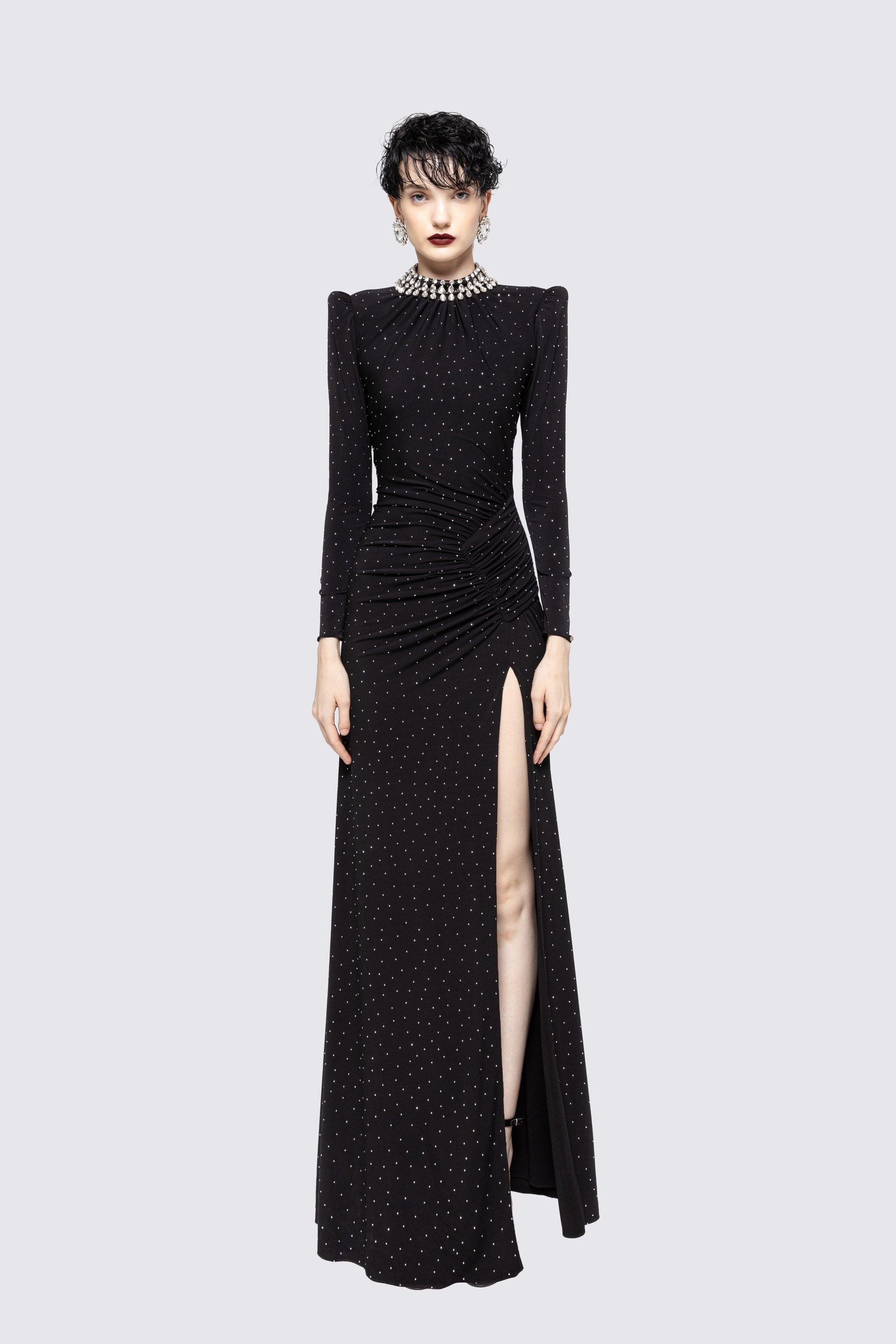 crystal embellished maxi dress Crystal Embellished Long Sleeve Maxi Dress in Beige XS / Beige