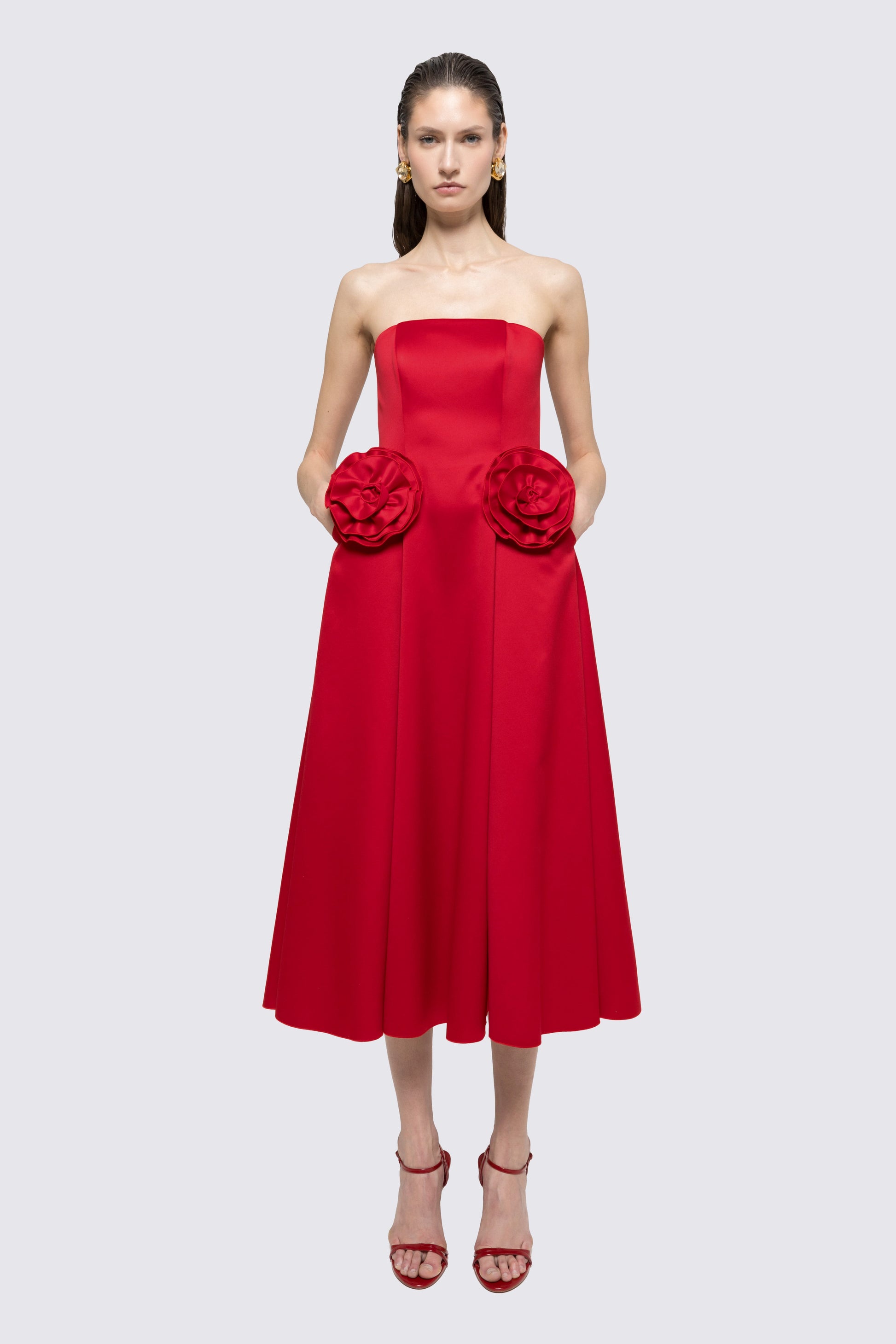 nissa red dress Nissa Off-shoulder Taffeta Midi Dress