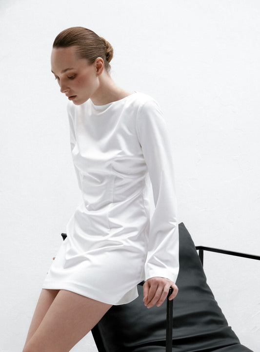 Ivory satin mini dress with long sleeves NOVITSKA