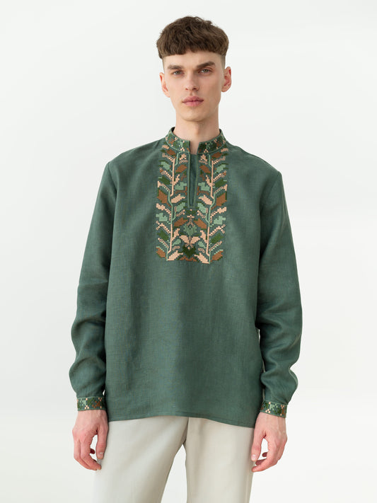 Men's embroidered shirt with pixel ornament of oak leaves Velych ETNODIM