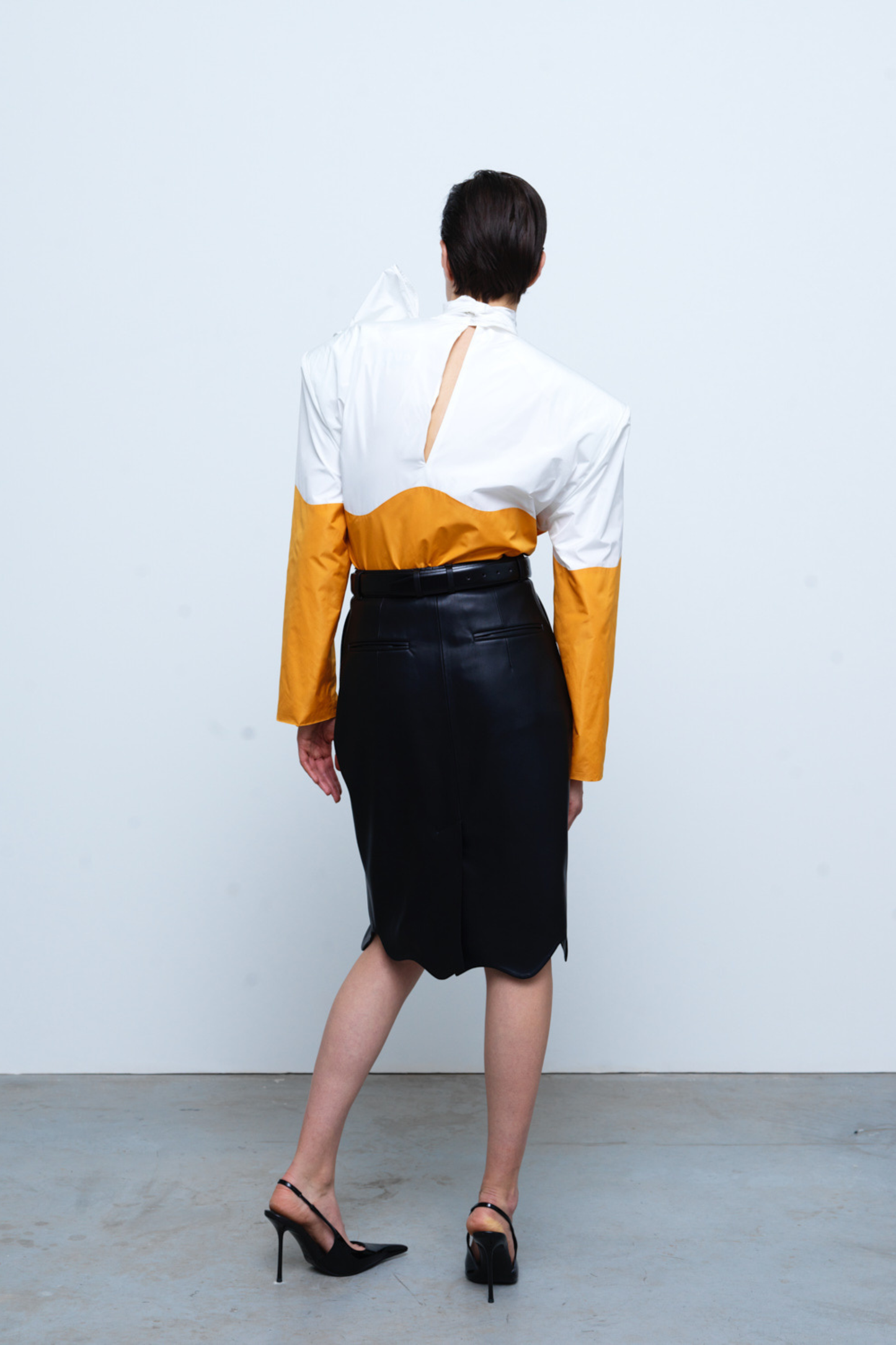 SKIRT #03 — Faux Leather Wave Hem Midi Skirt GUDU