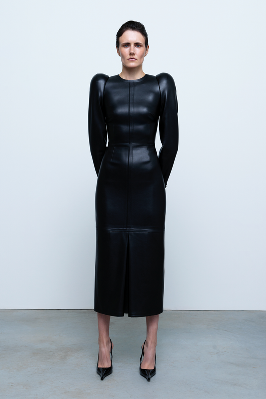 DRESS #04 — Structured Faux Leather Midi Dress GUDU