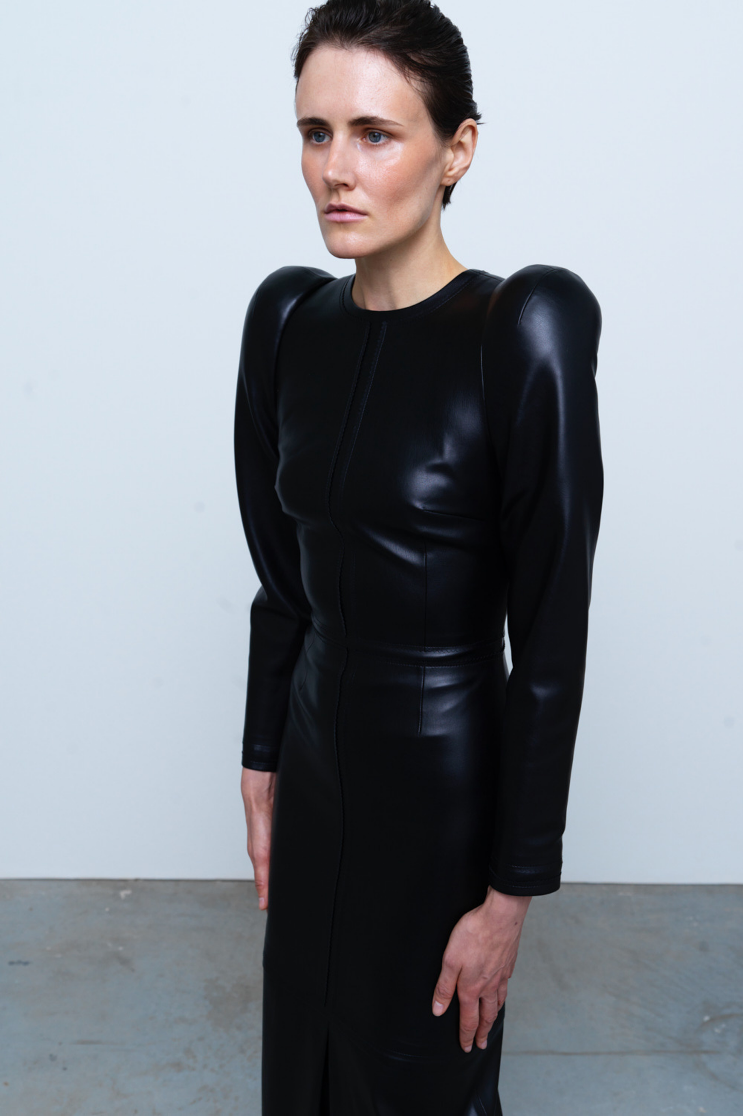 DRESS #04 — Structured Faux Leather Midi Dress GUDU