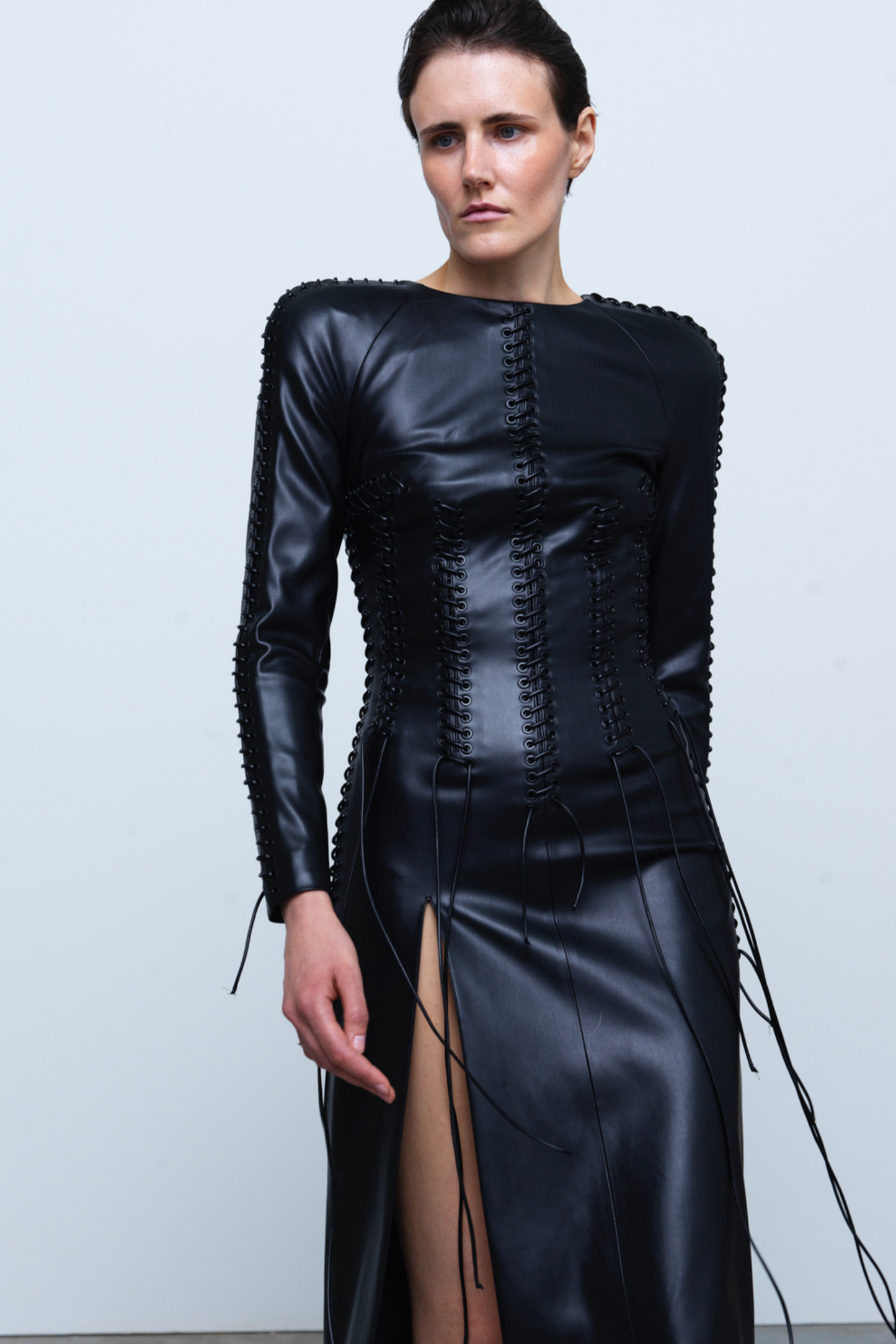 DRESS #03 — Lace-Up Faux-Leather Midi Dress GUDU