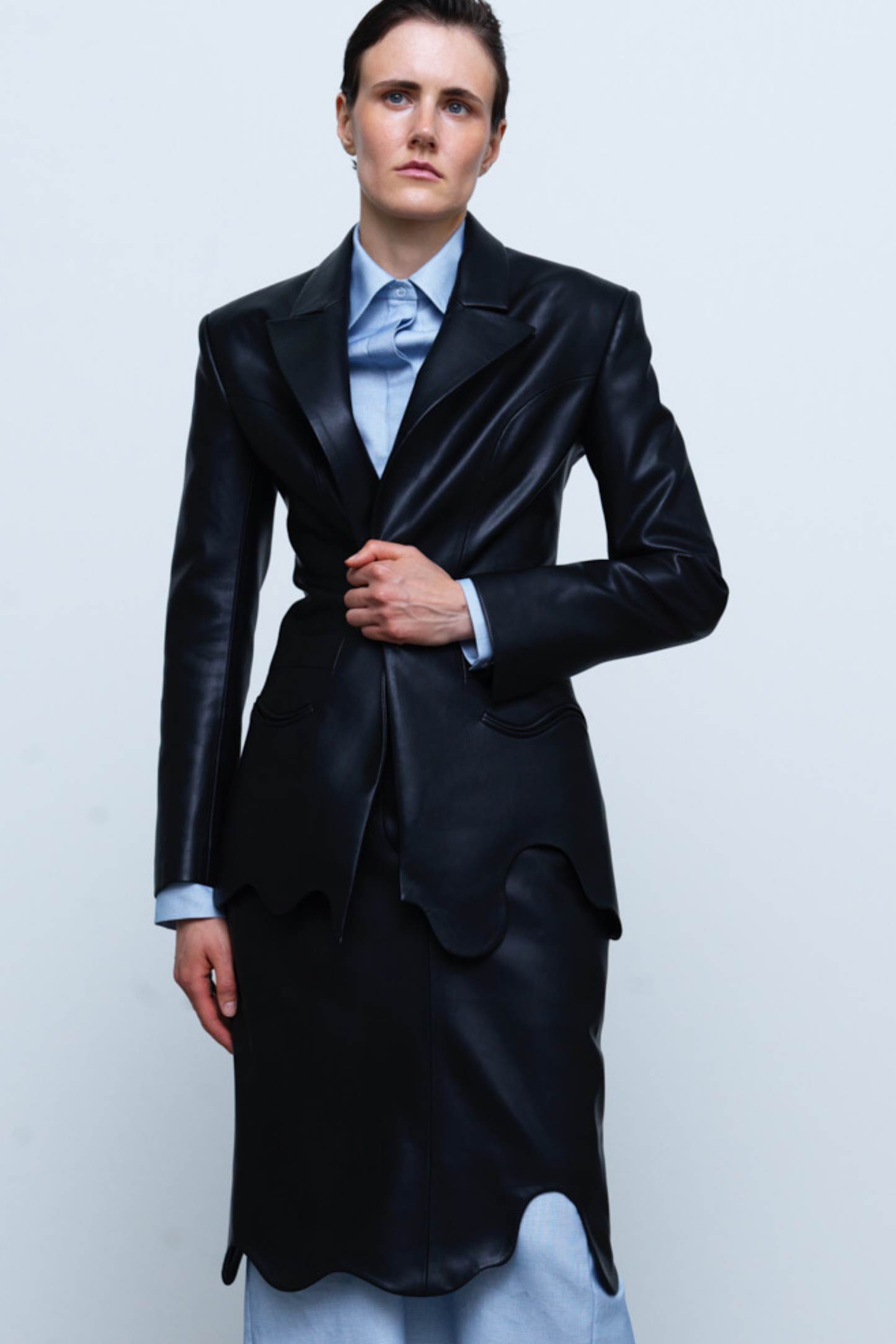 JACKET #01 — Wave-Hem Faux Leather Blazer GUDU