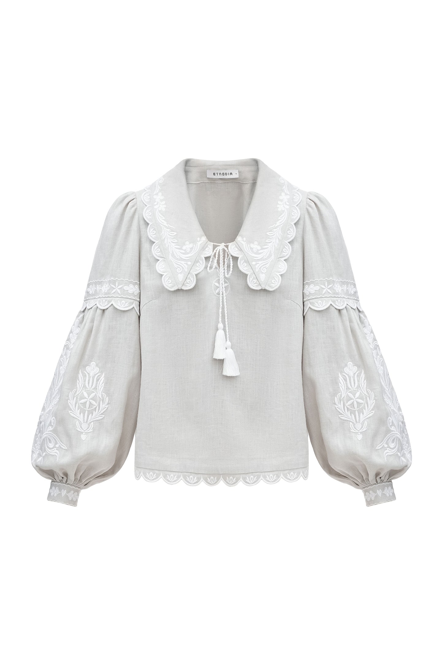 Gray linen blouse with white embroidery Meadow ETNODIM