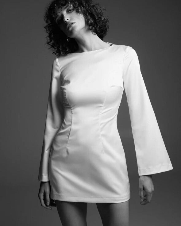 Ivory satin mini dress with long sleeves NOVITSKA
