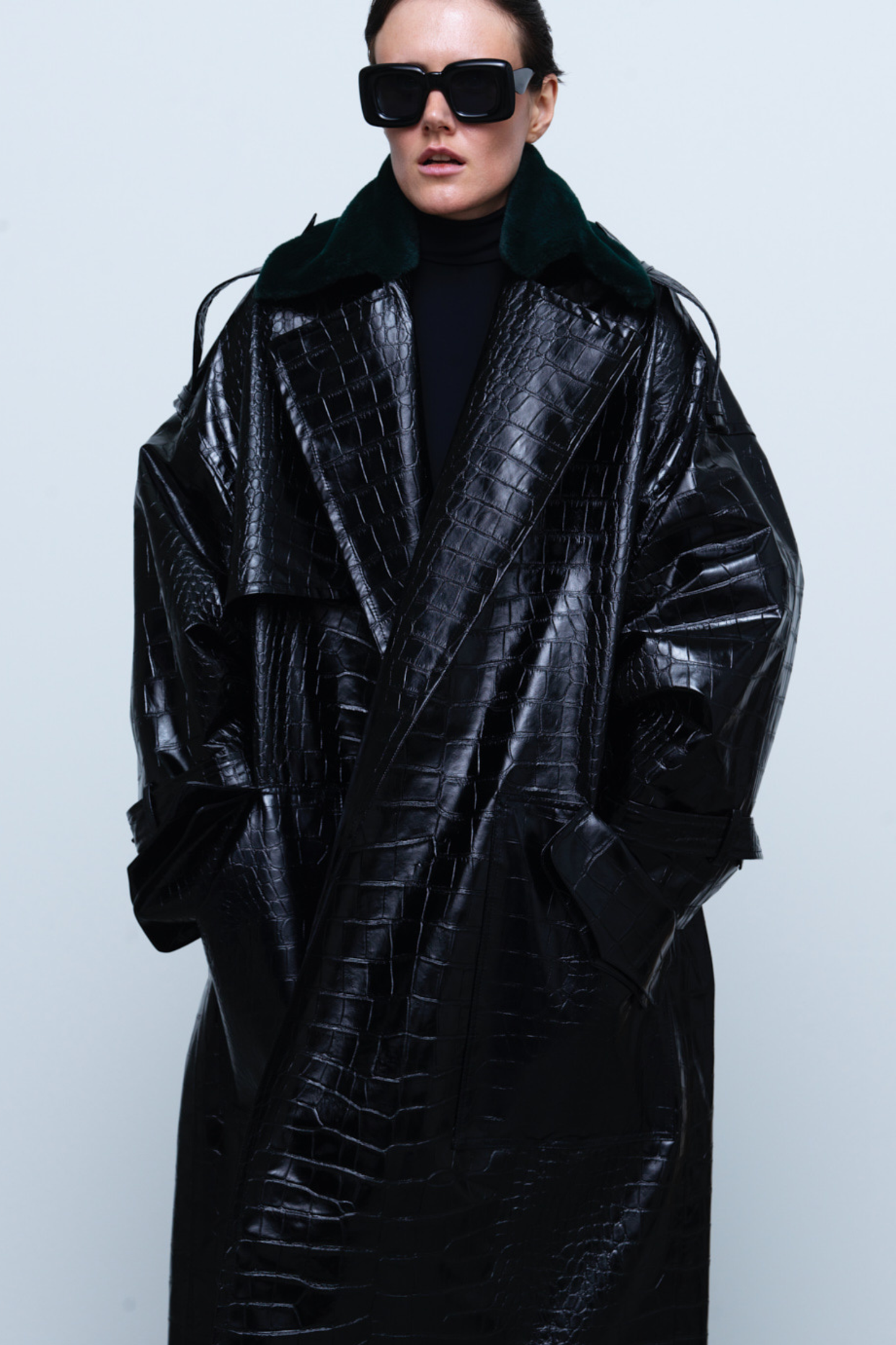 COAT #01 — Croc-Embossed Faux Leather Trench Coat GUDU