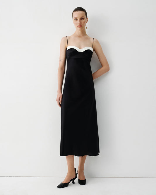 BLACK SILK BUSTIE DRESS WITH WHITE DETAILS ELENA REVA