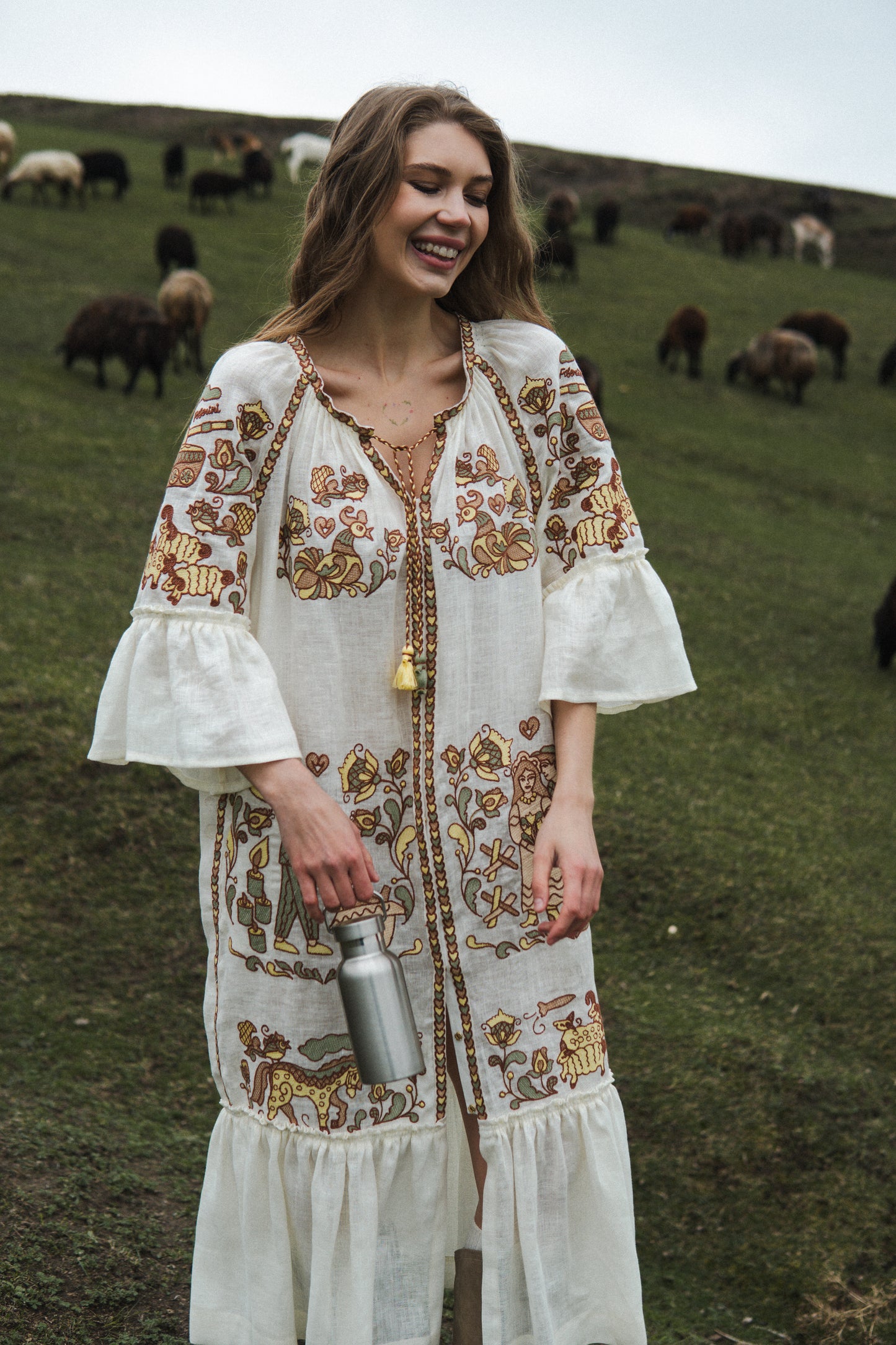 "Embroidery history" beige maxi dress FOBERINI