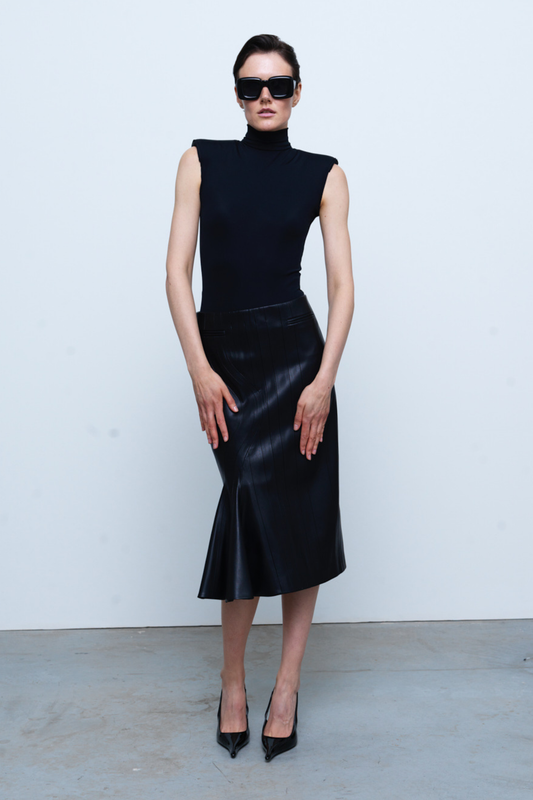 SKIRT#01 — Patchwork Faux Leather Midi Skirt GUDU