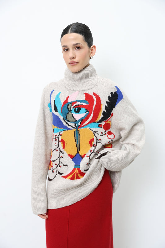 Bulky sweater Flower-Radish with a bright front 91LAB