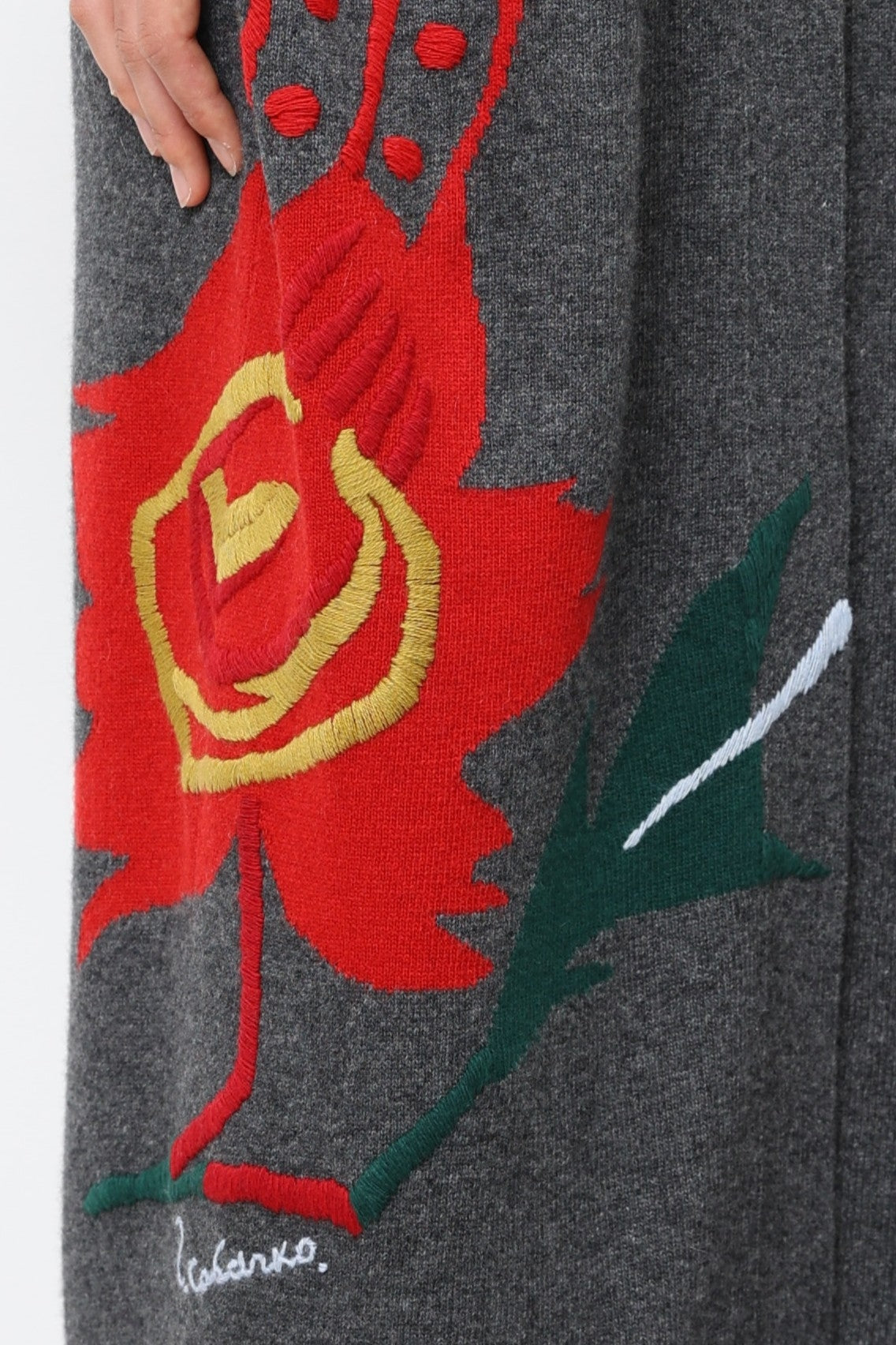 Long Grey Cardigan With Red Embroidered Flower 91LAB