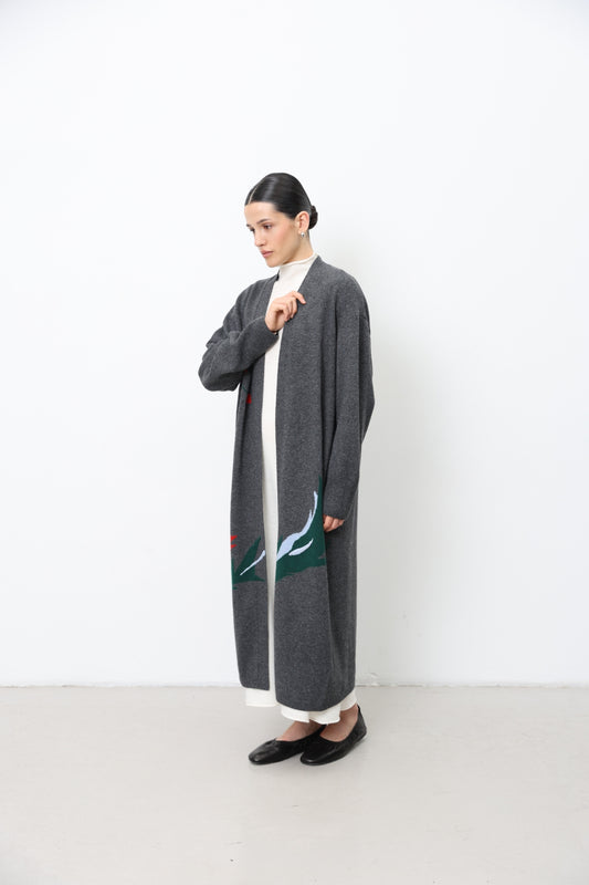 Long Grey Cardigan With Red Embroidered Flower 91LAB