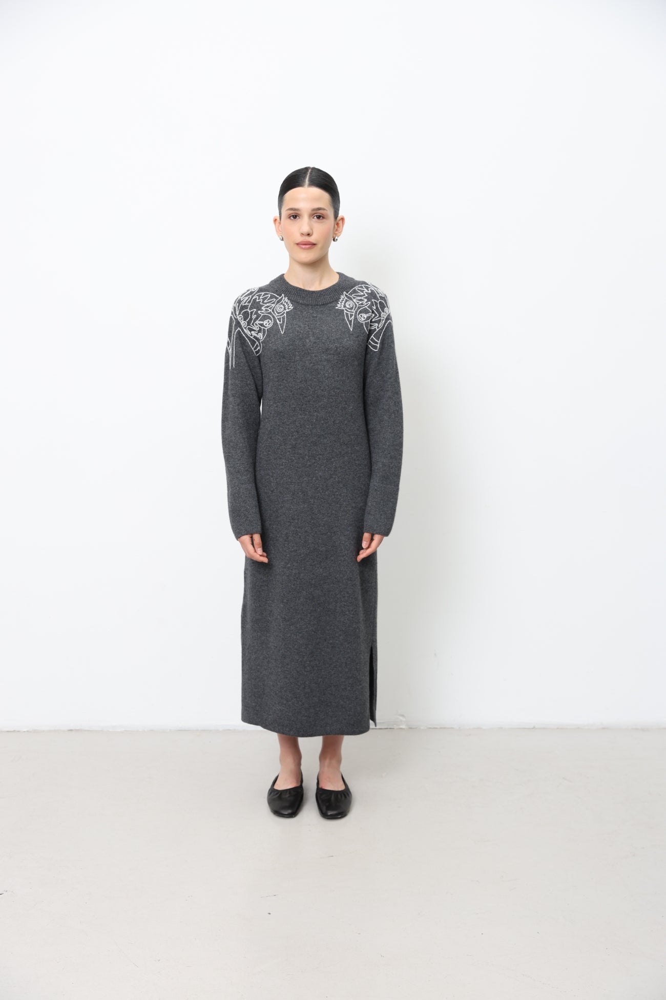 Long Dark Grey Embroidered Dress 91LAB