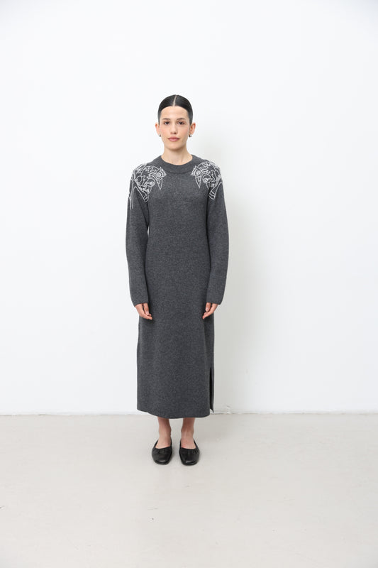 Long Dark Grey Embroidered Dress 91LAB