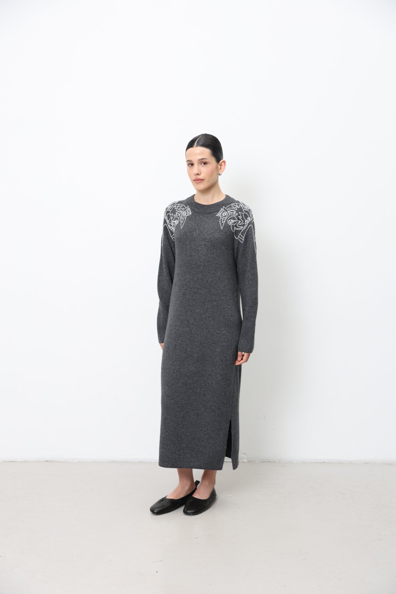 Long Dark Grey Embroidered Dress 91LAB