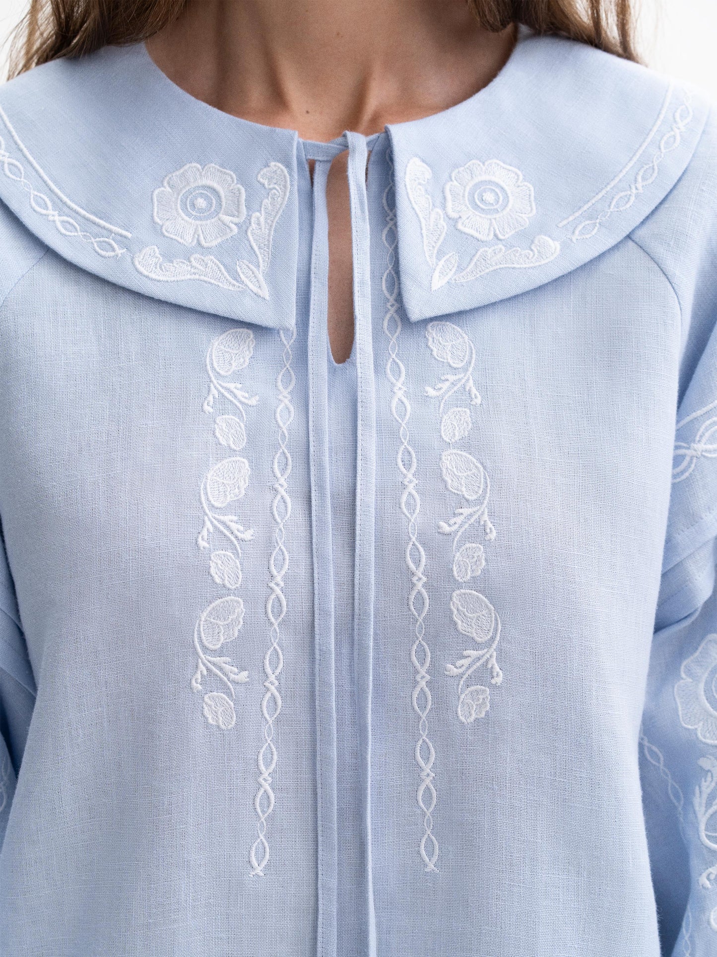 Soft blue shirt with white embroidery Dnipryana ETNODIM