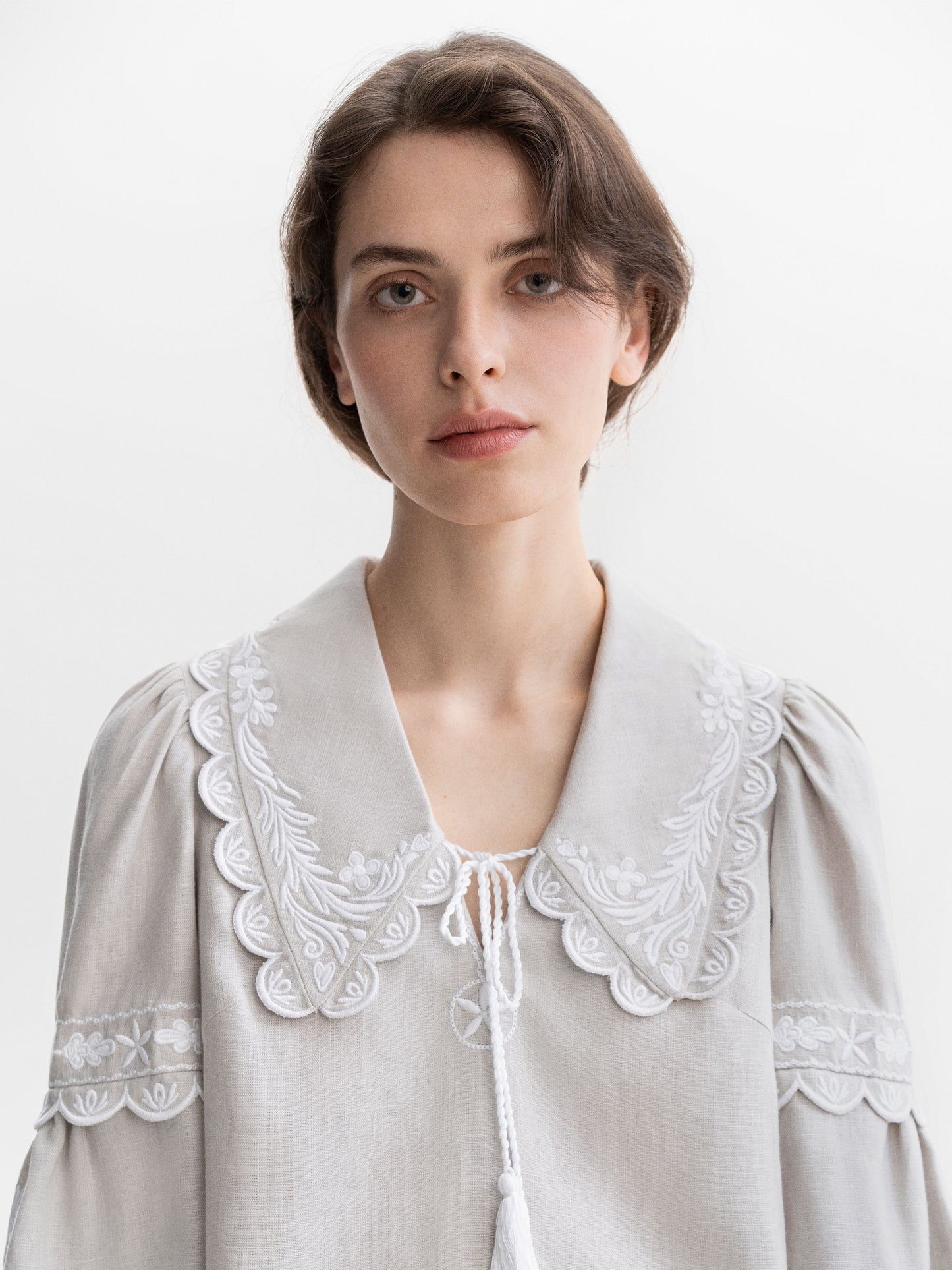 Gray linen blouse with white embroidery Meadow ETNODIM