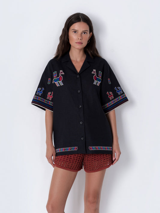 Linen shirt with short sleeves and embroidery Konyk dark ETNODIM
