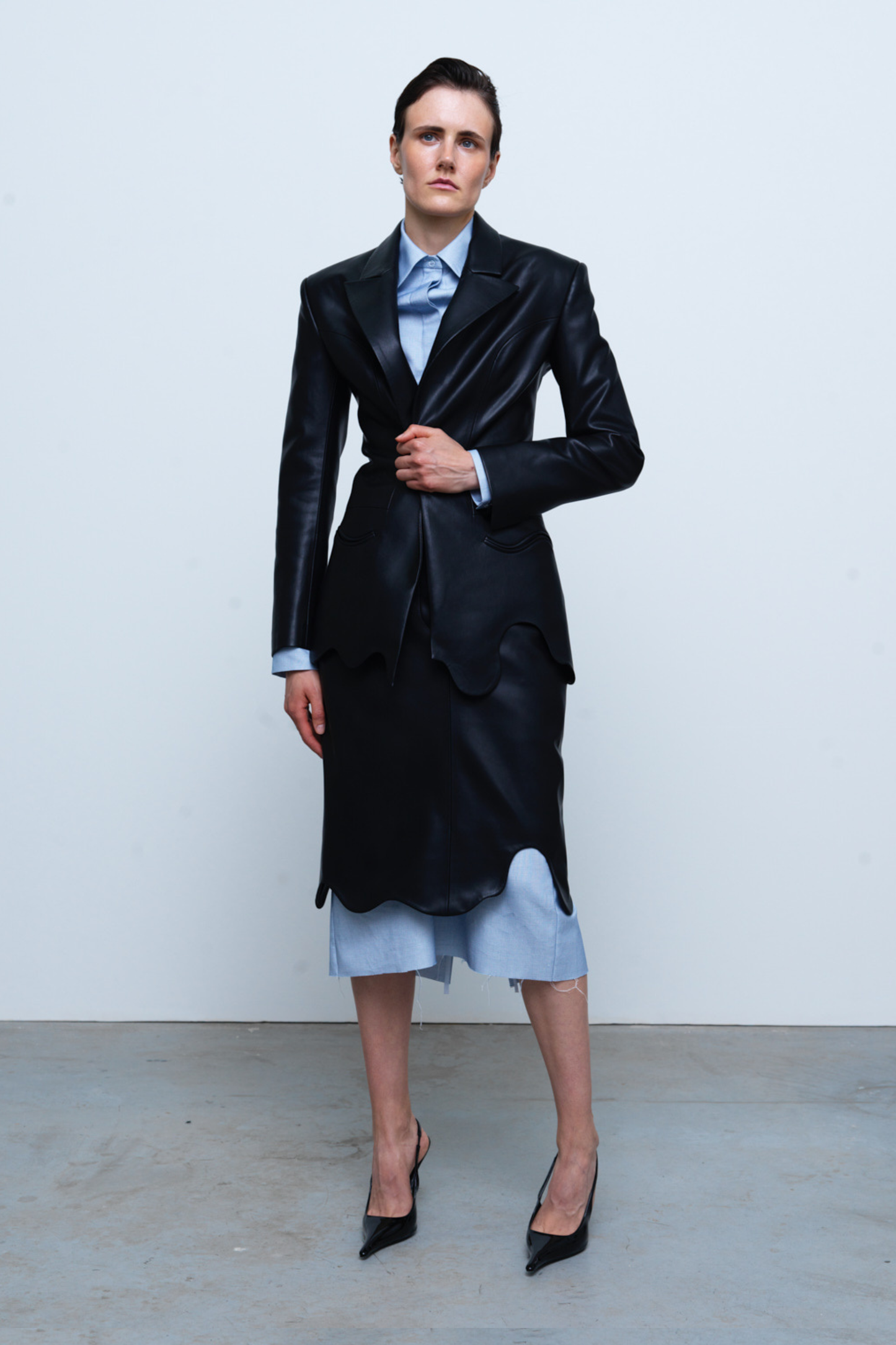 JACKET #01 — Wave-Hem Faux Leather Blazer GUDU