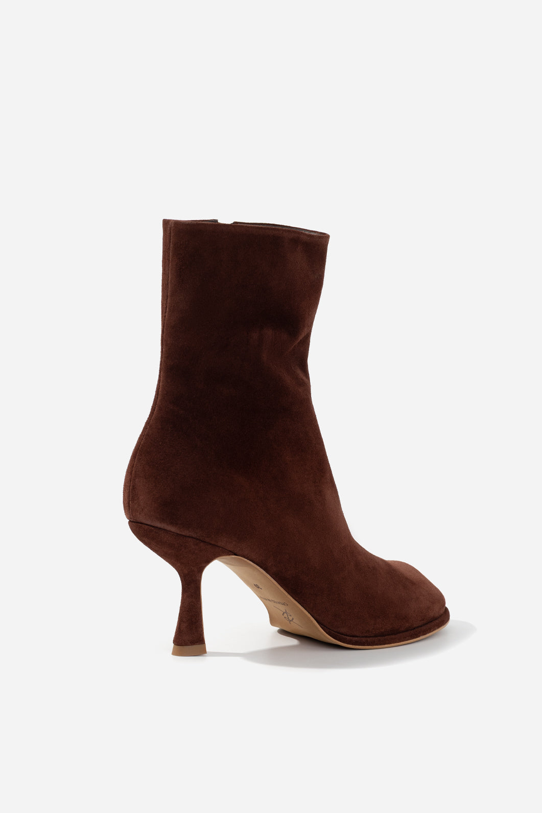 BLANCA dark brown suede ankle boots, single boot rear three-quarter view showing kitten heel and sole