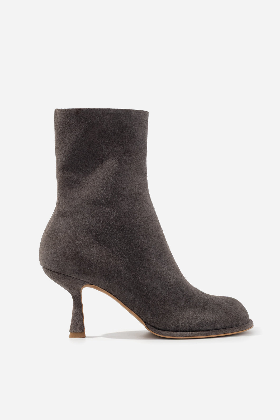 BLANCA dark gray suede ankle boots, single boot side profile with kitten heel