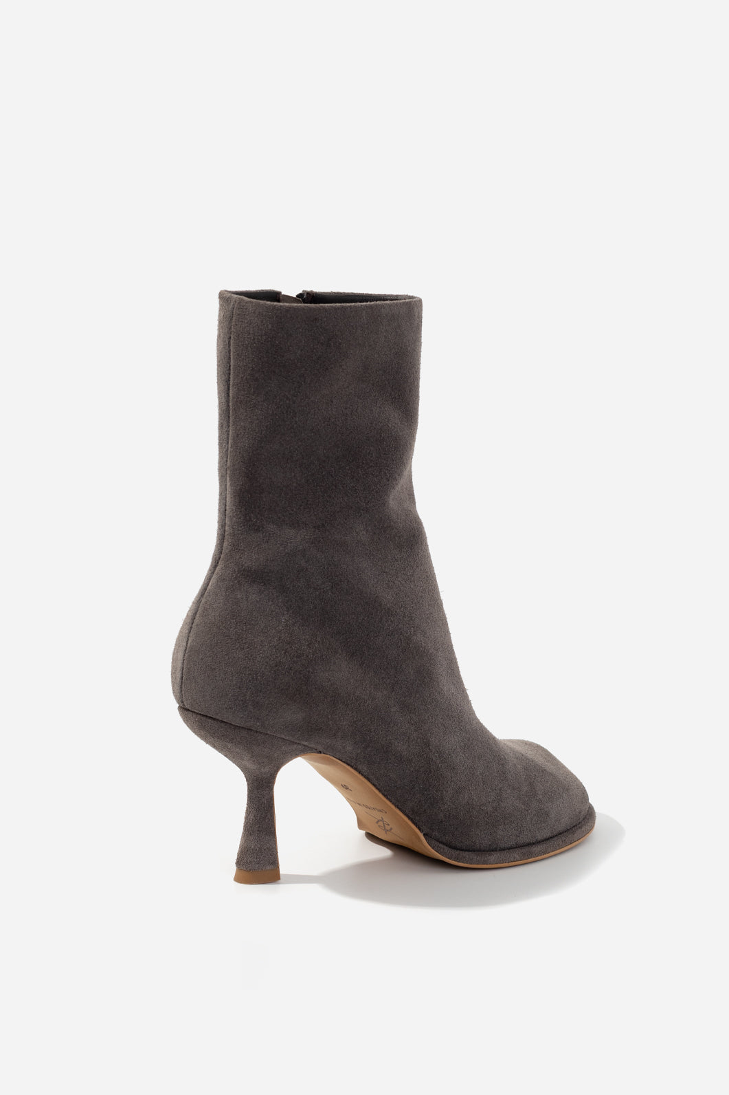 BLANCA dark gray suede ankle boots, single boot rear three-quarter view showing kitten heel and sole
