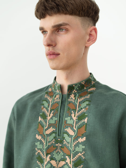 Men's embroidered shirt with pixel ornament of oak leaves Velych ETNODIM