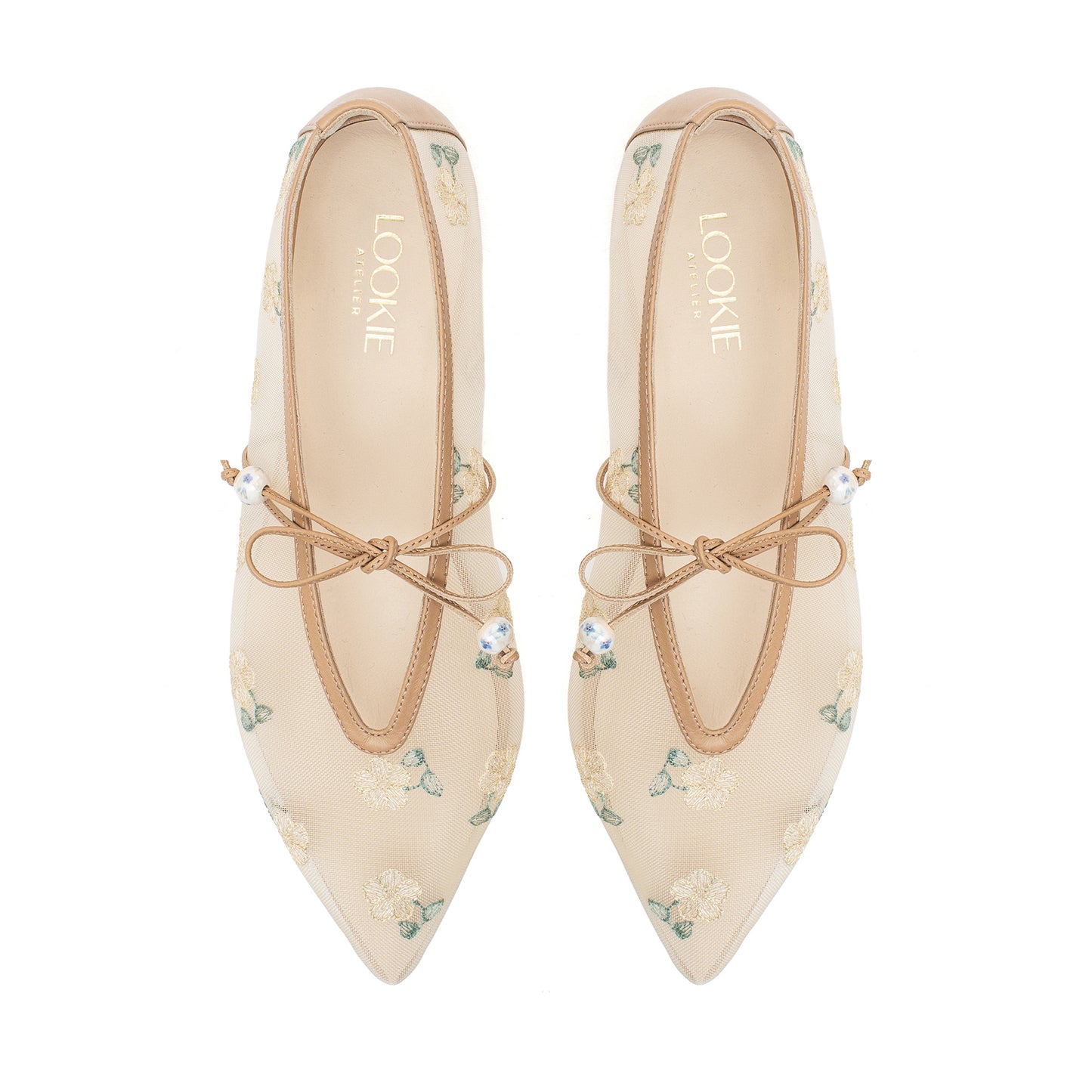 Claire beige mesh pointed ballet flats with embroidery LOOKIE ATELIER
