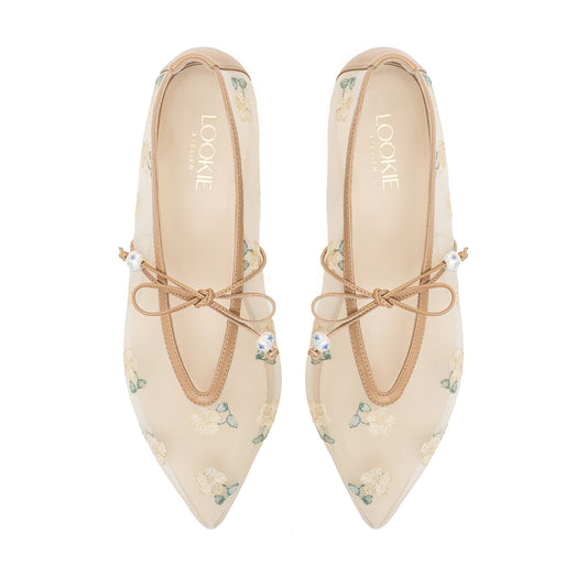 Claire beige mesh pointed ballet flats with embroidery LOOKIE ATELIER