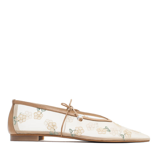 Claire beige mesh pointed ballet flats with embroidery LOOKIE ATELIER