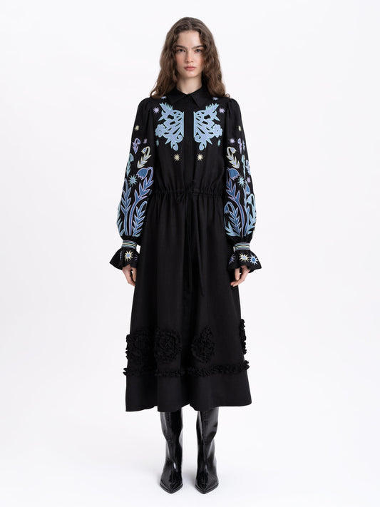 Long embroidered black dress North ETNODIM