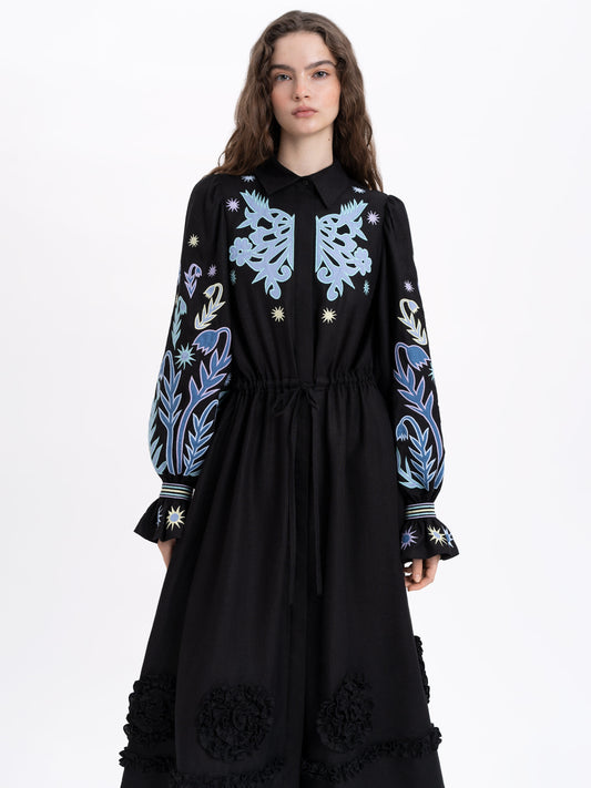Long embroidered black dress North ETNODIM
