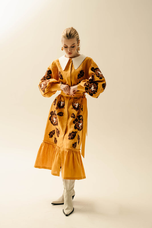 Adele Mustard Dress with a collar FOBERINI