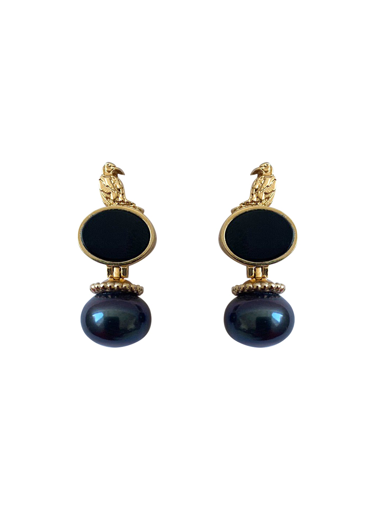 Bird Earrings With Black Pearls Short GUNIA PROJECT